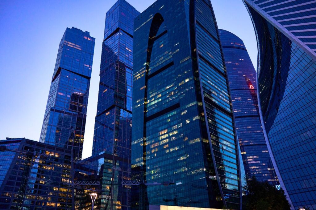 pexels photo 18283370 18283370 Dramatic view of Moscow's skyscrapers in evening light, showcasing modern architecture.